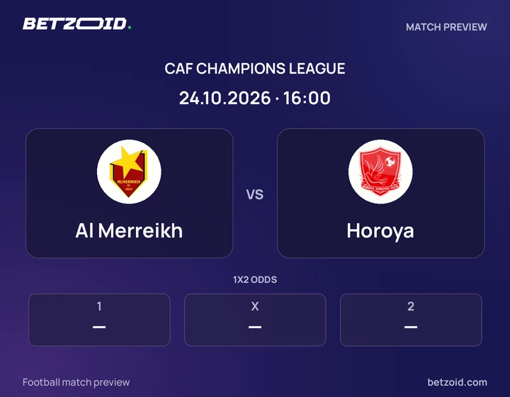 Al Merreikh vs Horoya: CAF Champions League match preview with team badges and kick-off details.