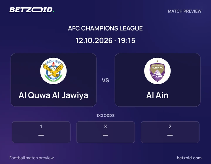 Al Quwa Al Jawiya vs Al Ain: AFC Champions League match preview with team badges and kick-off details.