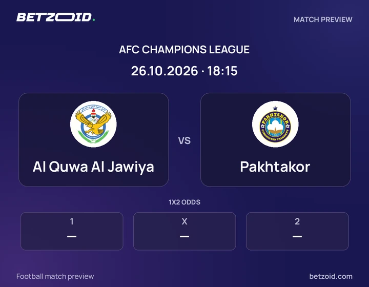 Al Quwa Al Jawiya vs Pakhtakor: AFC Champions League match preview with team badges and kick-off details.