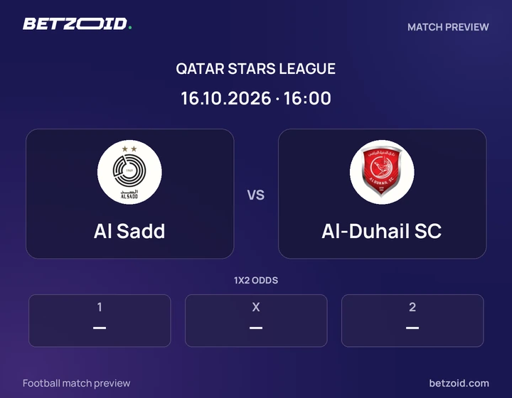 Al Sadd vs Al-Duhail SC: Qatar Stars League match preview with team badges and kick-off details.