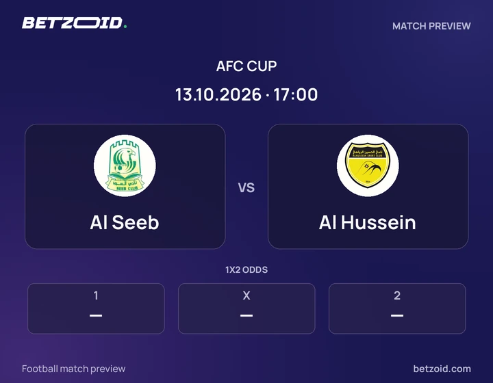 Al Seeb vs Al Hussein: AFC Cup match preview with team badges and kick-off details.