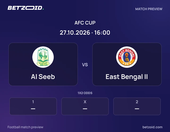 Al Seeb vs East Bengal II: AFC Cup match preview with team badges and kick-off details.