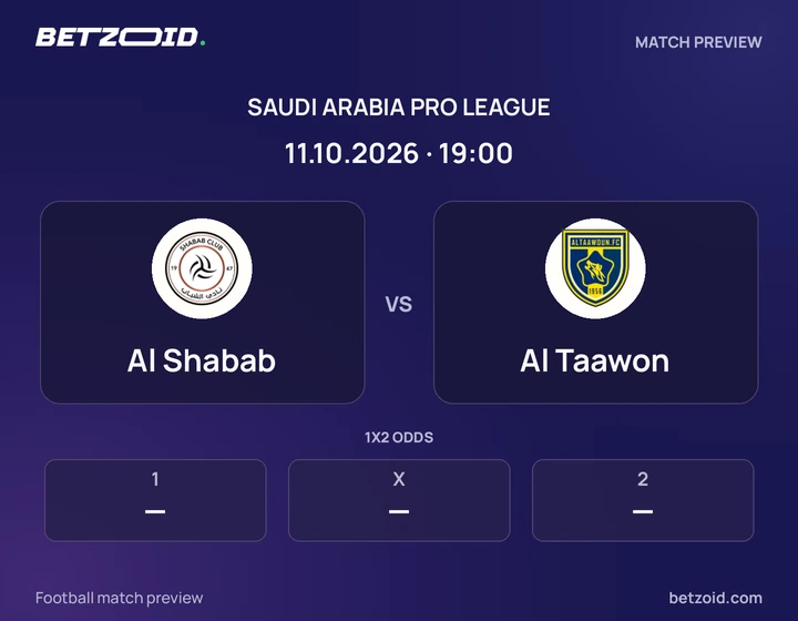Al Shabab - Al Taawon Al Shabab vs Al Taawon: Saudi Arabia Pro League match preview with team badges and kick-off details.
