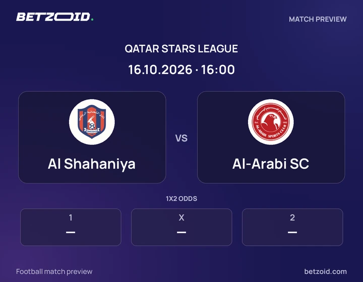 Al Shahaniya vs Al-Arabi SC: Qatar Stars League match preview with team badges and kick-off details.