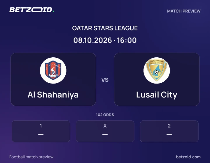 Al Shahaniya vs Lusail City: Qatar Stars League match preview with team badges and kick-off details.