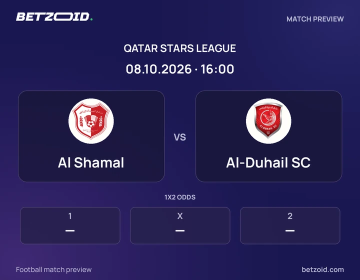 Al Shamal vs Al-Duhail SC: Qatar Stars League match preview with team badges and kick-off details.