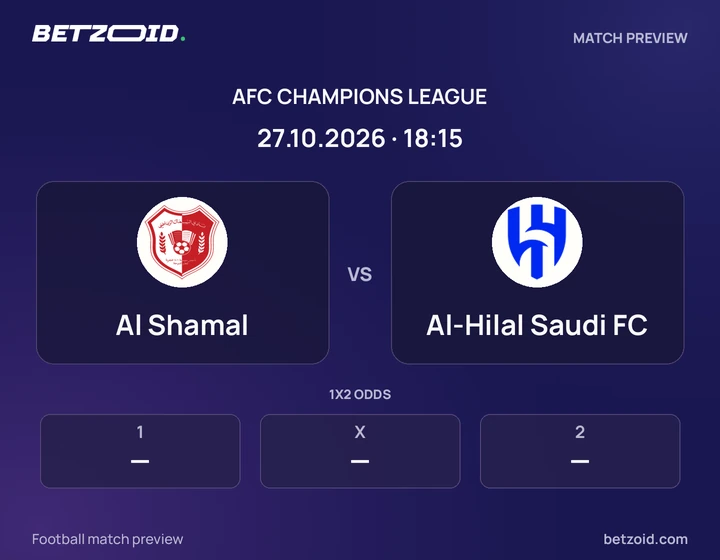 Al Shamal vs Al-Hilal Saudi FC: AFC Champions League match preview with team badges and kick-off details.
