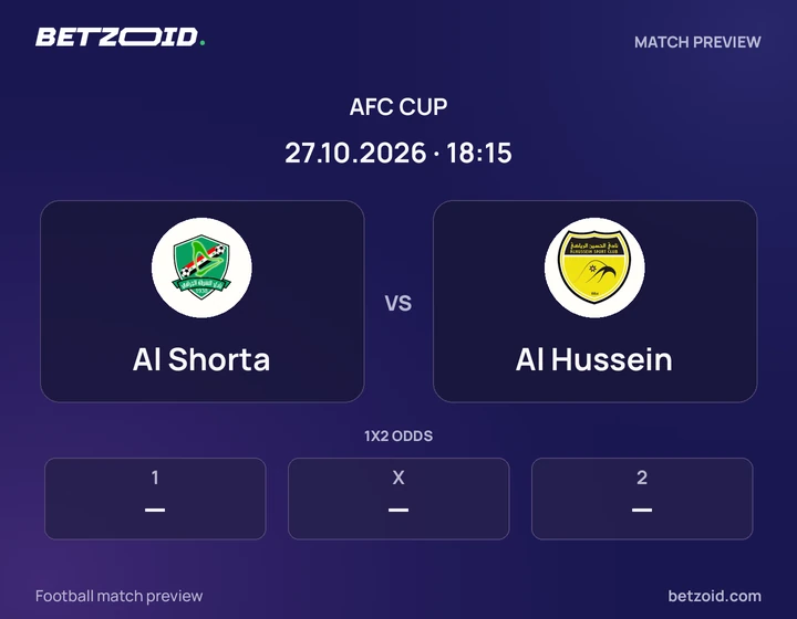 Al Shorta vs Al Hussein: AFC Cup match preview with team badges and kick-off details.