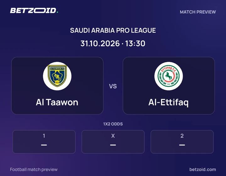Al Taawon vs Al-Ettifaq: Saudi Arabia Pro League match preview with team badges and kick-off details.