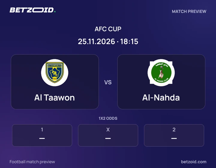 Al Taawon vs Al-Nahda: AFC Cup match preview with team badges and kick-off details.