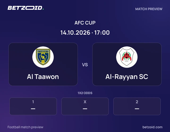 Al Taawon vs Al-Rayyan SC: AFC Cup match preview with team badges and kick-off details.