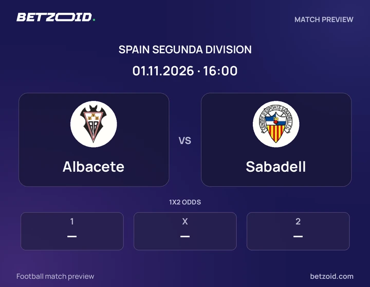 Albacete vs Sabadell: Spain Segunda Division match preview with team badges and kick-off details.