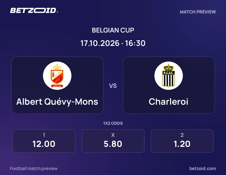Albert Quévy-Mons vs Charleroi: Belgian Cup match preview with team badges and kick-off details.