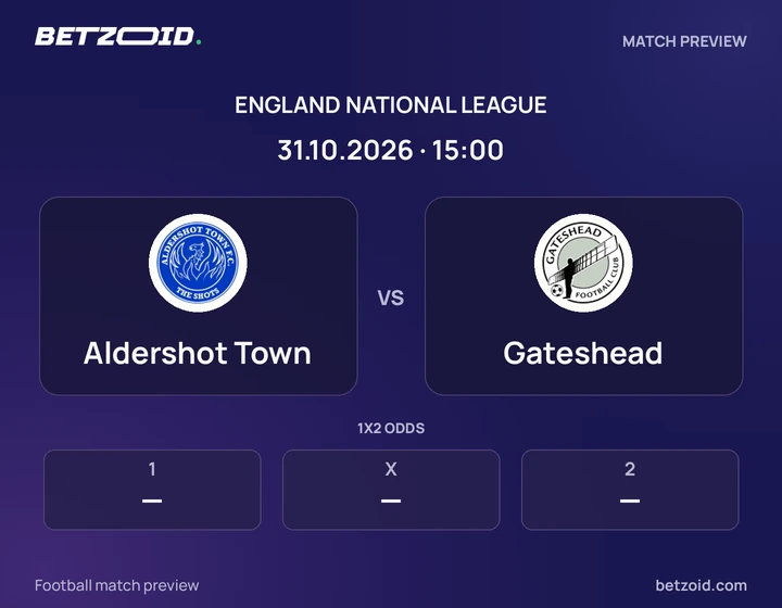 Aldershot Town vs Gateshead: England National League match preview with team badges and kick-off details.