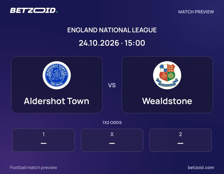 Aldershot Town vs Wealdstone: England National League match preview with team badges and kick-off details.