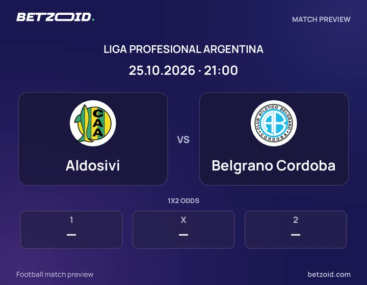 Aldosivi vs Belgrano Cordoba: Liga Profesional Argentina match preview with team badges and kick-off details.