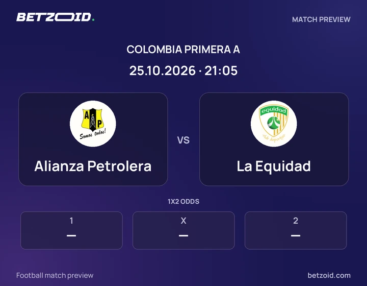 Alianza Petrolera - La Equidad Alianza Petrolera vs La Equidad: Colombia Primera A match preview with team badges and kick-off details.