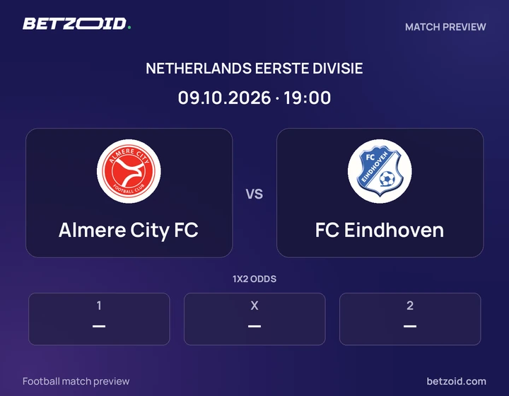 Almere City FC vs FC Eindhoven: Netherlands Eerste Divisie match preview with team badges and kick-off details.