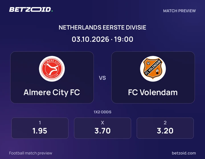 Almere City FC vs FC Volendam: Netherlands Eerste Divisie match preview with team badges and kick-off details.