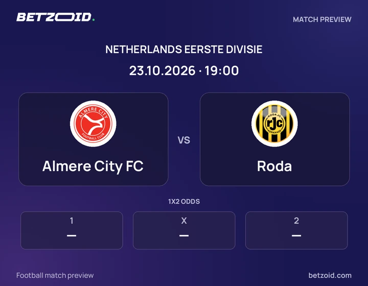 Almere City FC vs Roda: Netherlands Eerste Divisie match preview with team badges and kick-off details.