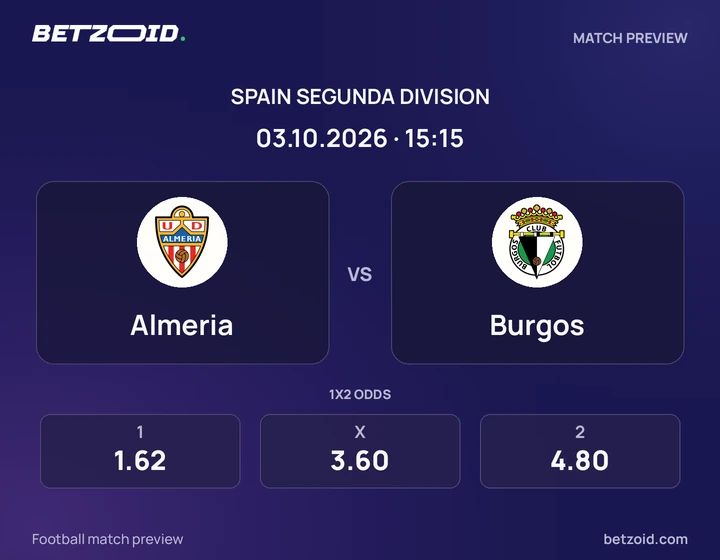 Almeria vs Burgos: Spain Segunda Division match preview with team badges and kick-off details.