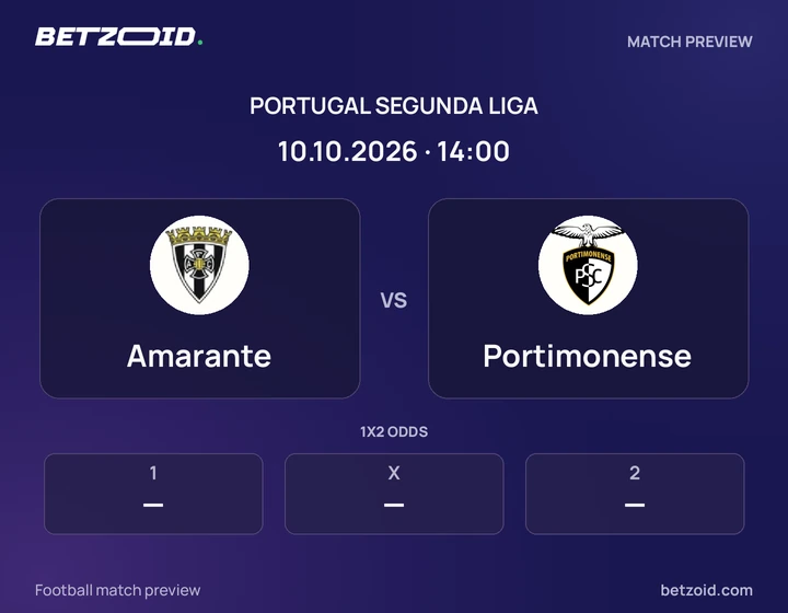 Amarante vs Portimonense: Portugal Segunda Liga match preview with team badges and kick-off details.
