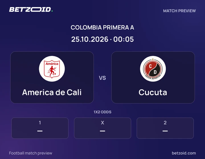 America de Cali - Cucuta America de Cali vs Cucuta: Colombia Primera A match preview with team badges and kick-off details.
