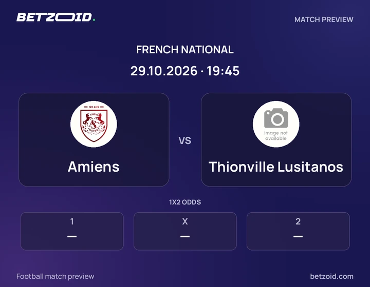 Amiens - Thionville Lusitanos Amiens vs Thionville Lusitanos: French National match preview with team badges and kick-off details.