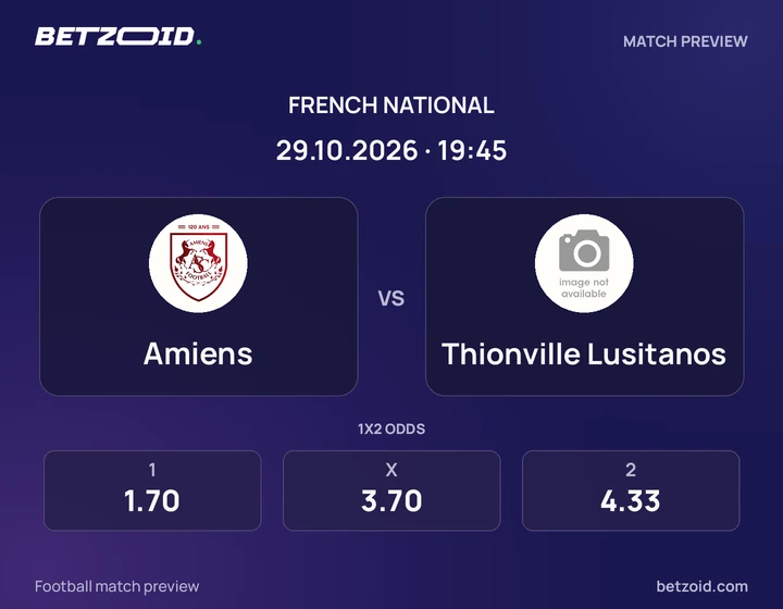 Amiens - Thionville Lusitanos Amiens vs Thionville Lusitanos: French National match preview with team badges and kick-off details.