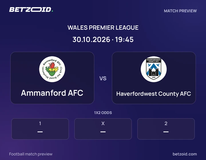 Ammanford AFC vs Haverfordwest County AFC: Wales Premier League match preview with team badges and kick-off details.