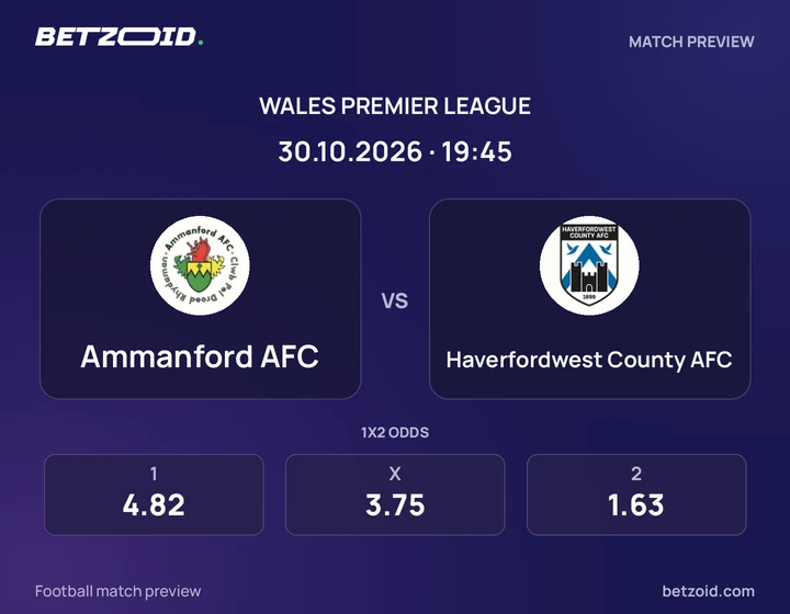 Ammanford AFC - Haverfordwest County AFC Ammanford AFC vs Haverfordwest County AFC: Wales Premier League match preview with team badges and kick-off details.