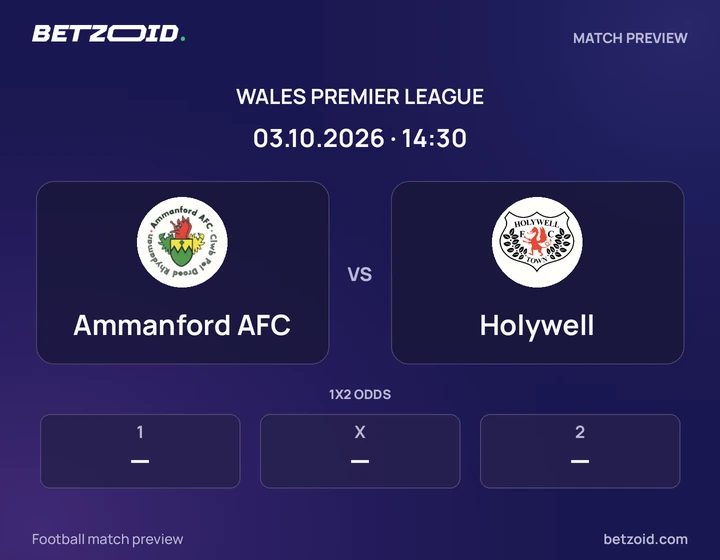 Ammanford AFC vs Holywell: Wales Premier League match preview with team badges and kick-off details.