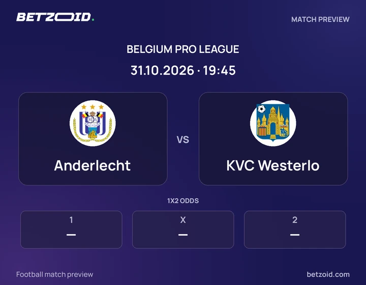 Anderlecht vs KVC Westerlo: Belgium Pro League match preview with team badges and kick-off details.