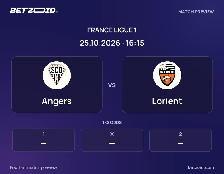 Angers vs Lorient: France Ligue 1 match preview with team badges and kick-off details.