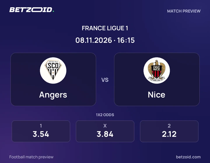 Angers – Nice Angers – Nice : présentation du match de Ligue 1 avec les logos des équipes et l’horaire du coup d’envoi.