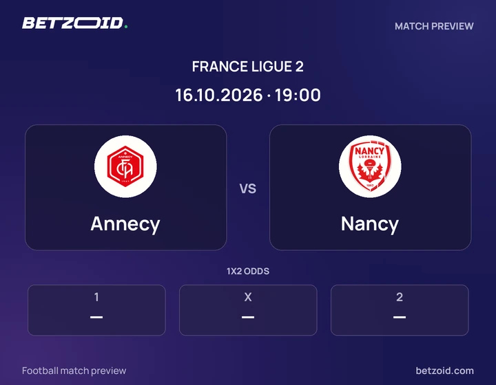 Annecy vs Nancy: France Ligue 2 match preview with team badges and kick-off details.