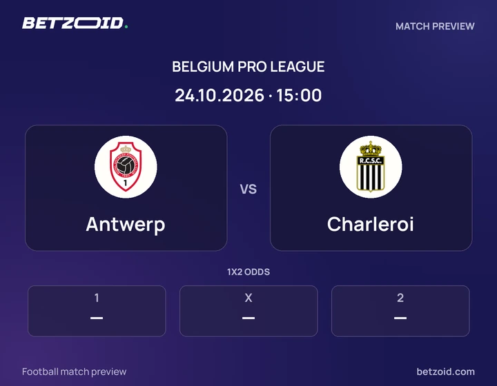 Antwerp vs Charleroi: Belgium Pro League match preview with team badges and kick-off details.