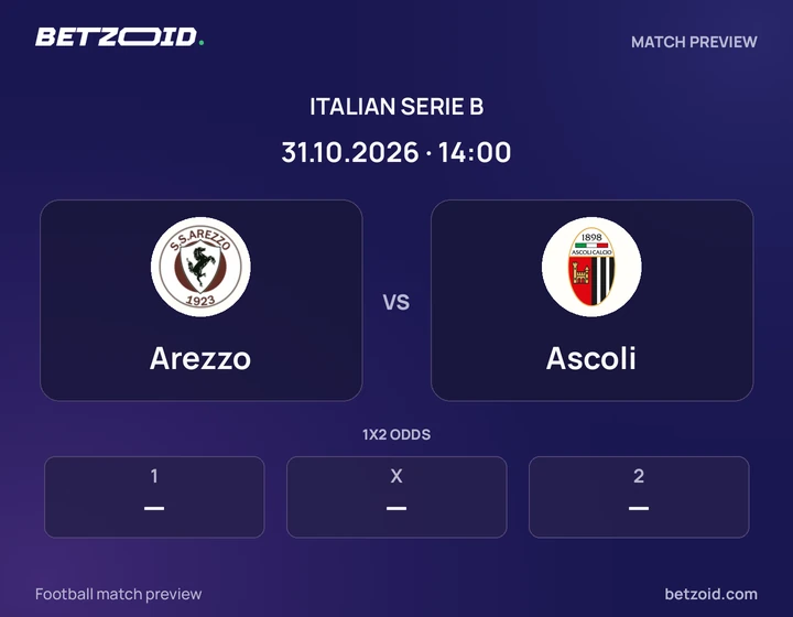 Arezzo - Ascoli Arezzo vs Ascoli: Italian Serie B match preview with team badges and kick-off details.