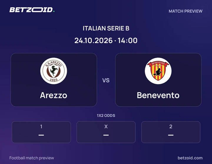 Arezzo vs Benevento: Italian Serie B match preview with team badges and kick-off details.