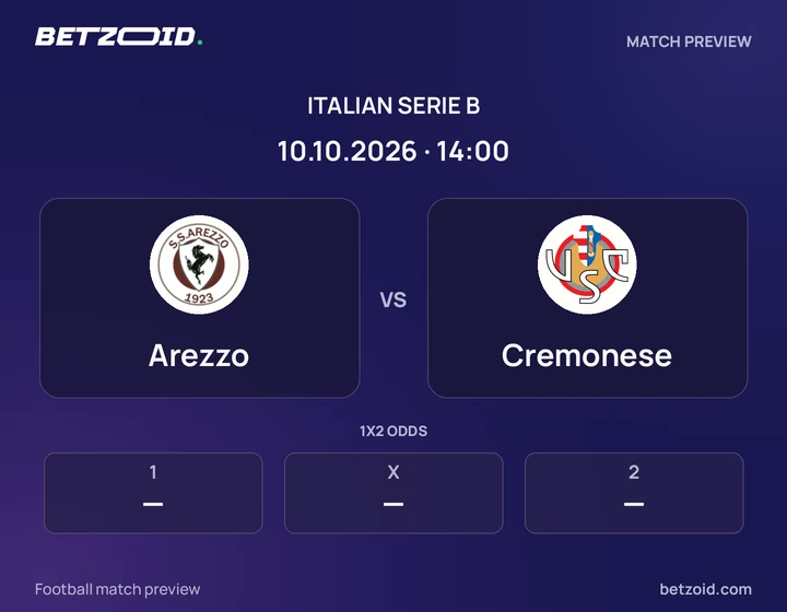 Arezzo vs Cremonese: Italian Serie B match preview with team badges and kick-off details.