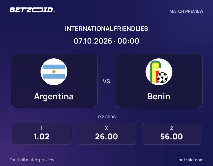 Argentina vs Benin: International Friendlies match preview with team badges and kick-off details.