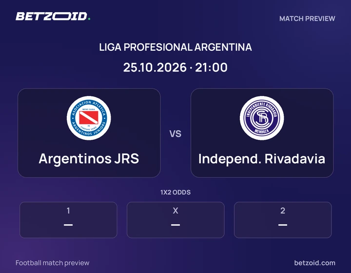 Argentinos JRS vs Independ. Rivadavia: Liga Profesional Argentina match preview with team badges and kick-off details.