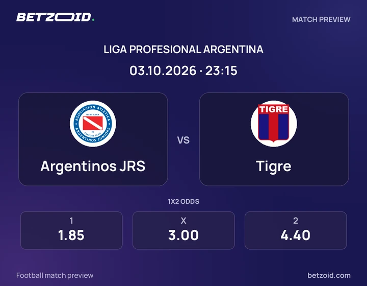 Argentinos JRS vs Tigre: Liga Profesional Argentina match preview with team badges and kick-off details.