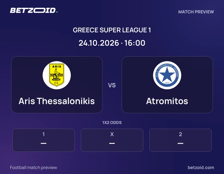 Aris Thessalonikis vs Atromitos: Greece Super League 1 match preview with team badges and kick-off details.