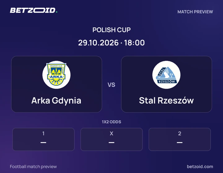 Arka Gdynia - Stal Rzeszów Arka Gdynia vs Stal Rzeszów: Polish Cup match preview with team badges and kick-off details.