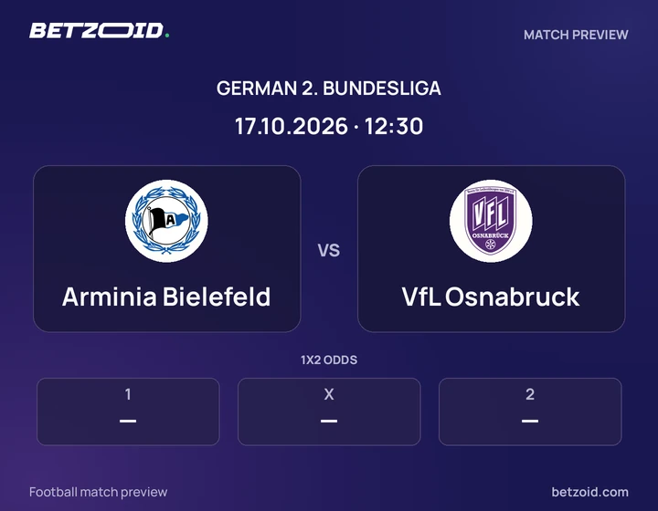 Arminia Bielefeld vs VfL Osnabruck: German 2. Bundesliga match preview with team badges and kick-off details.