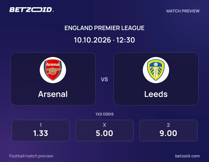 Arsenal vs Leeds: England Premier League match preview with team badges and kick-off details.