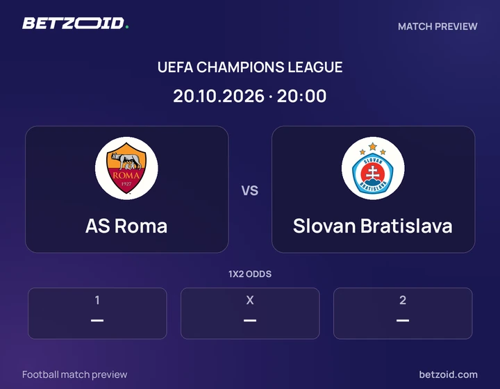 AS Roma vs Slovan Bratislava: UEFA Champions League match preview with team badges and kick-off details.