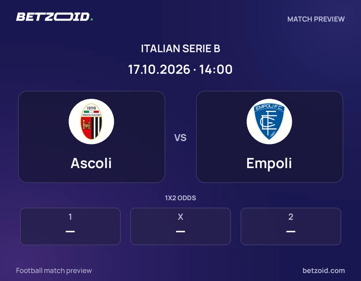 Ascoli vs Empoli: Italian Serie B match preview with team badges and kick-off details.