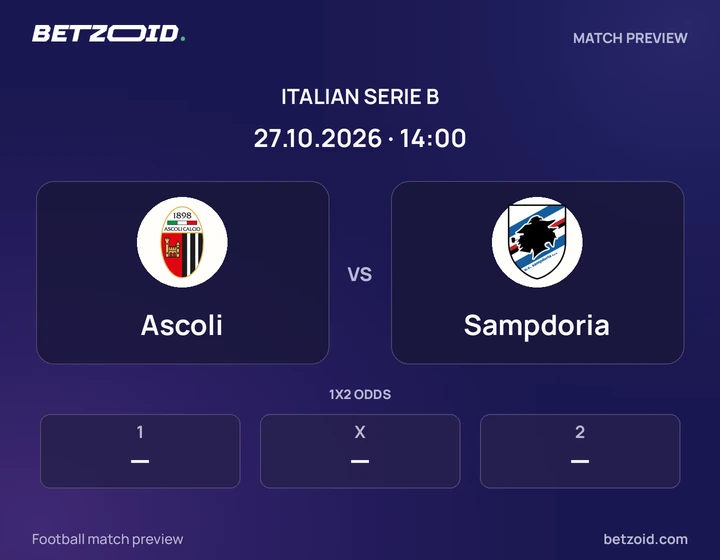 Ascoli vs Sampdoria: Italian Serie B match preview with team badges and kick-off details.